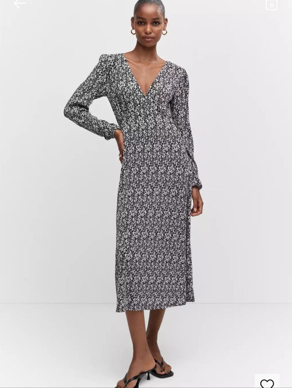 Mango EUC- Long Sleeve V-Neck Floral Midi Dress - Black/White- Sz M
